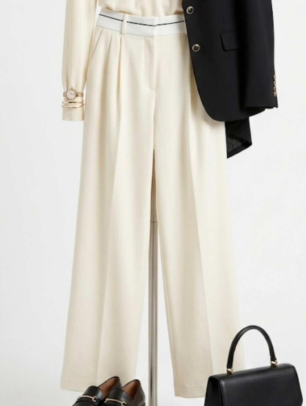 Cream High-Waist Wide-Leg Pants